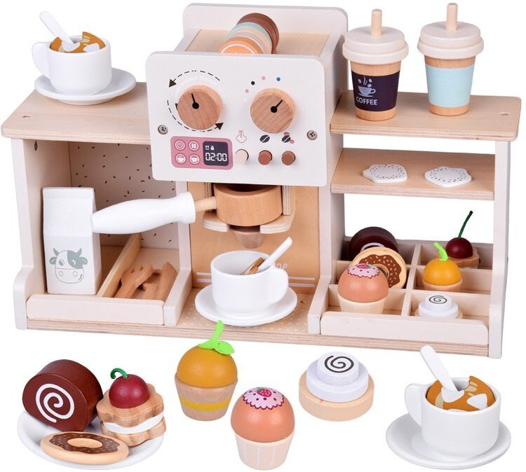 Zestaw Drewniany Kawiarnia Coffee Shop Ekspres Kubeczki Desery ZA5938 EDUKAMP