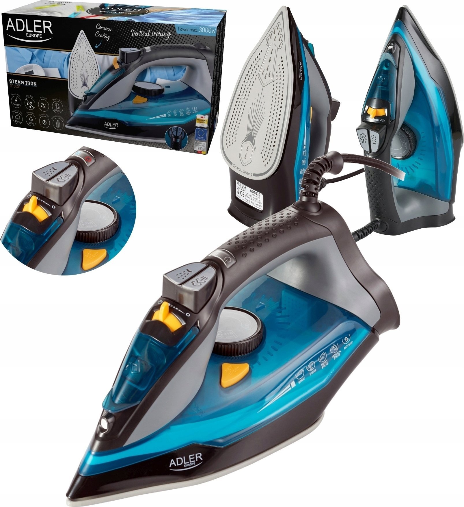 Adler Żelazko Parowe 3000W Strażak Anti-Calc Anti-Drip