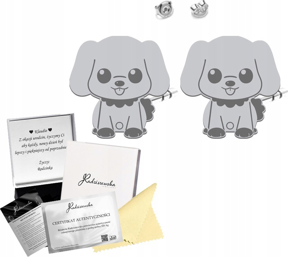 Radziszewska Jewellery Kolczyki Srebrne z Pieskiem 925 Prezent Dziecko ŻYCZENIA GRATIS