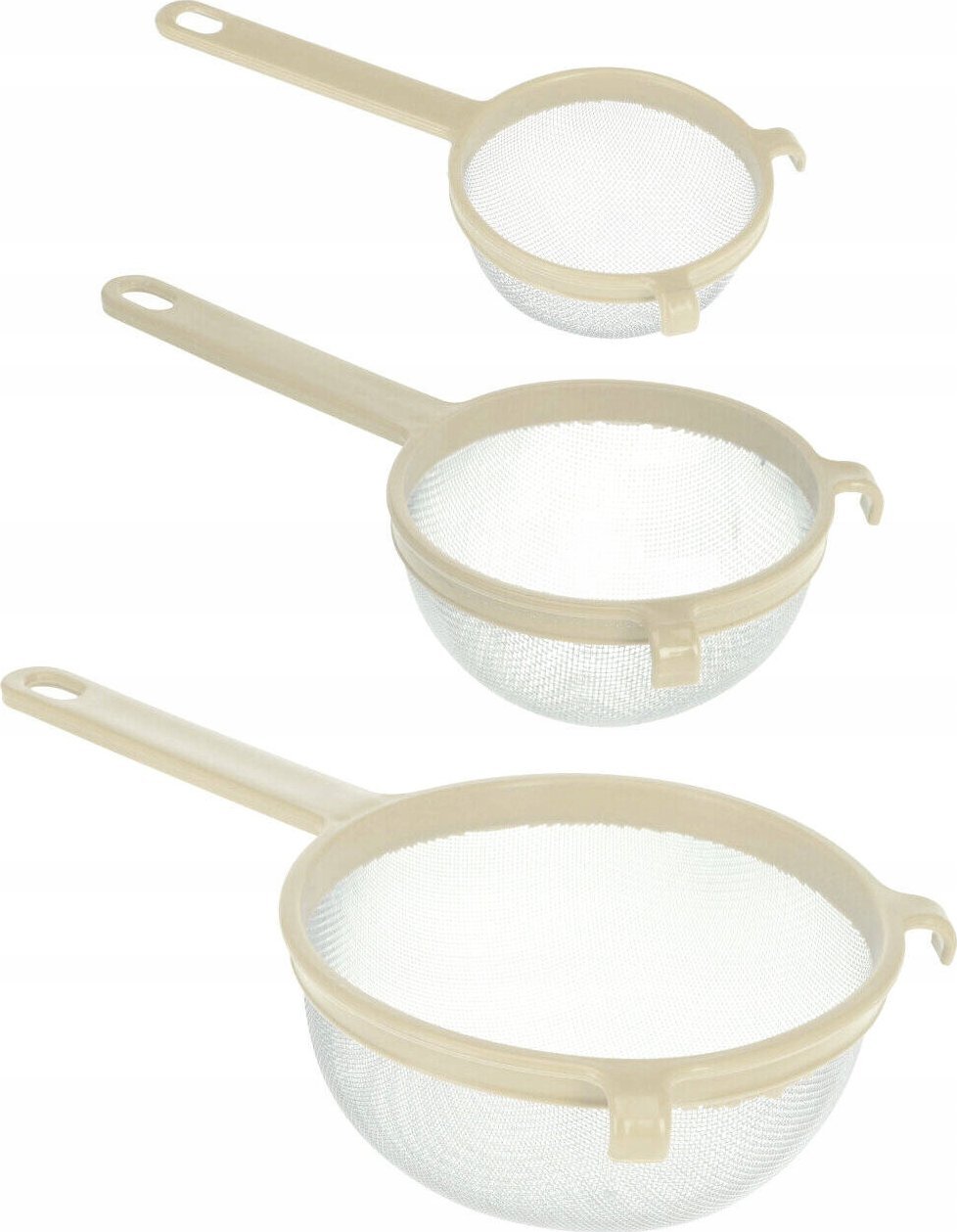 Zestaw metalowych sitek w trzech rozmiarach, rączka z tworzywa