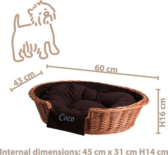 WickerPL Poppy OWALNE WIKLINOWE LEGOWISKO DLA ZWIERZĄT Z IMIENIEM KOSZ DLA PSA 60x43 H16 / ROZMIAR WEWNĘTRZNY 45x31 H14 CM