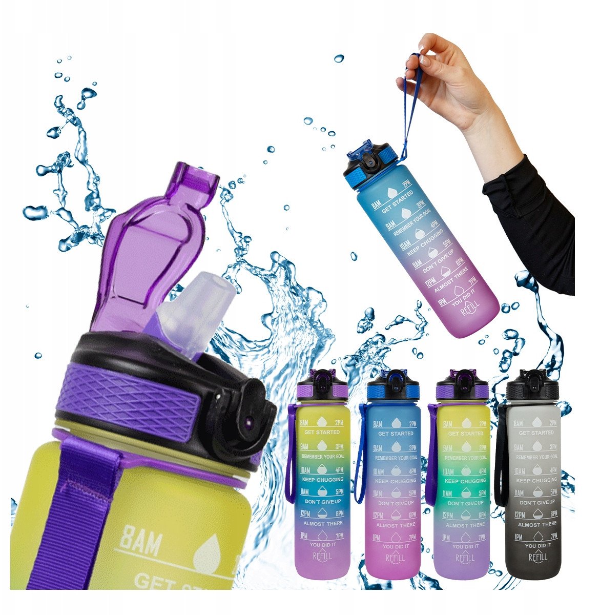 BUTELKA NA WODĘ 1L Motywacyjna Sportowa z Rurką Fitness BIDON Z PODZIAŁKĄ