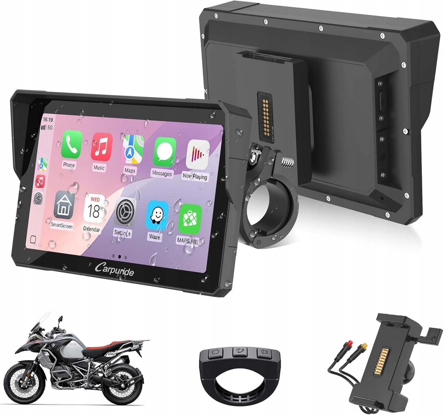 Motocyklowy ekran Carpuride W702S Carplay/Android Auto uchwyt BM05 nowy