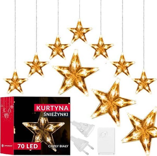 Springos Kurtyna świetlna 70 Led gwiazdki lampki choinkowe wewnętrzne sople ciepły biały UNIWERSALNY