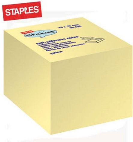 Staples Bloczek kostka samoprzylepna 75 x 75mm 400 kartek, żółty (C71720)