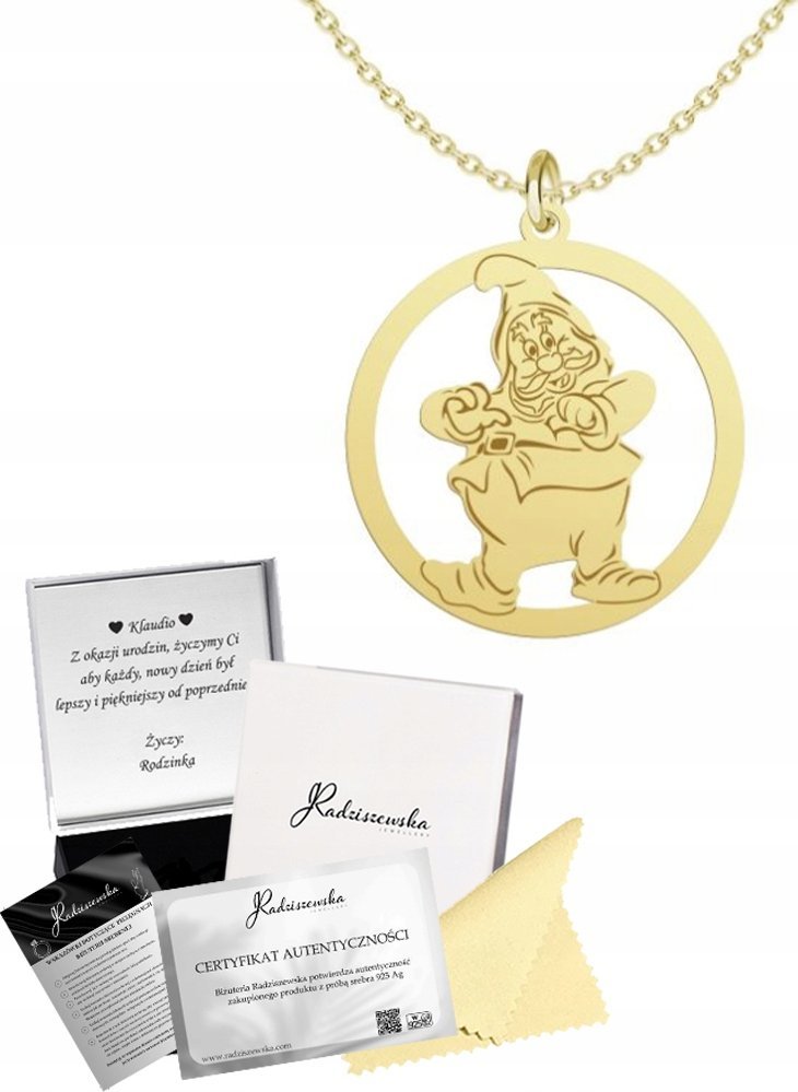 Radziszewska Jewellery Złoty Naszyjnik Krasnal Łańcuszek Srebro 925 Prezent Biżuteria GRAWER