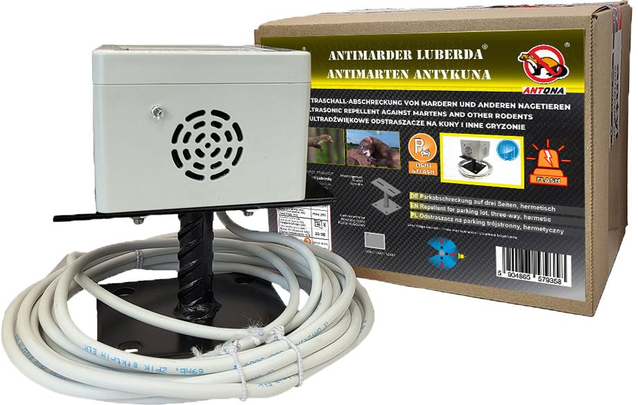 Antykuna.pl Odstraszacz Cichy Light&Flash 3 strony działania, na parking / strych / balkon Hermetyczny, na stopce Zasilanie 230V