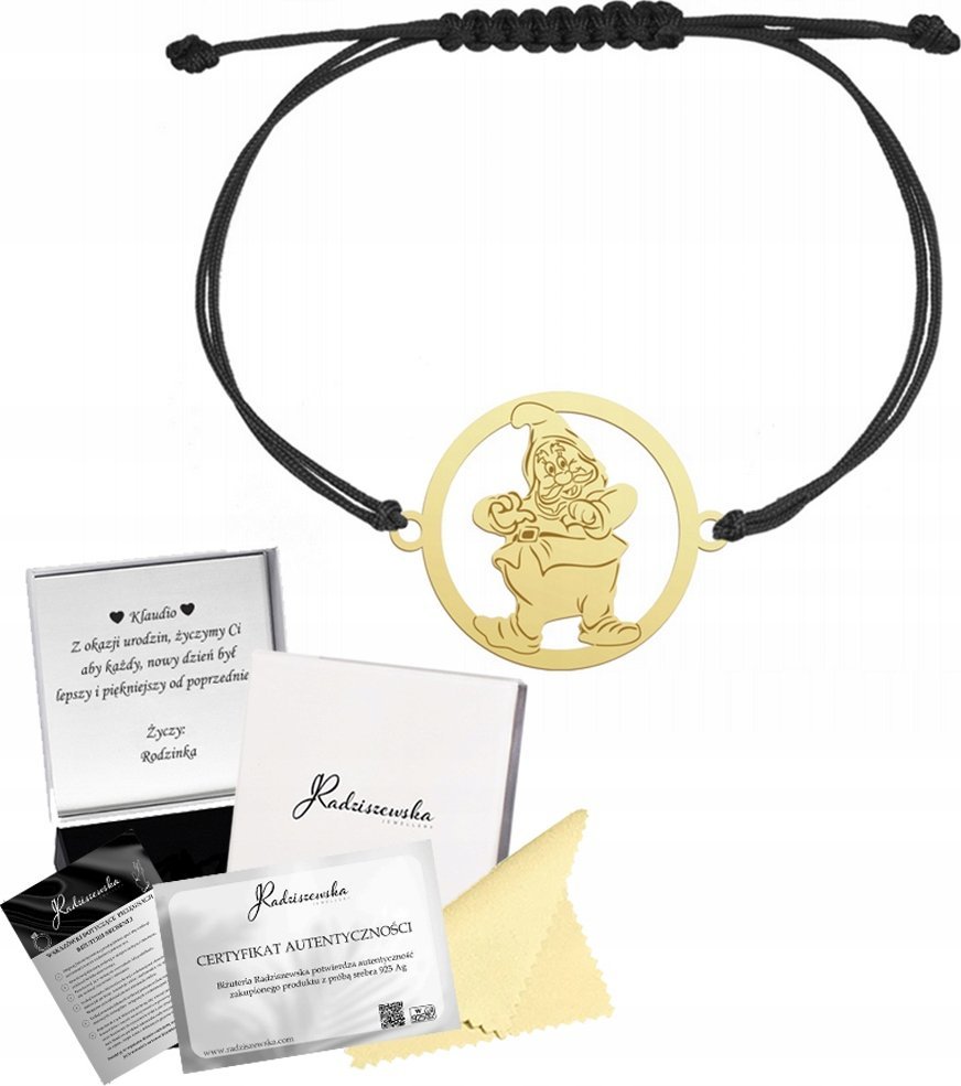 MEJK Jewellery Bransoletka Złota Krasnal Sznurek Biżuteria SREBRO 925 Prezent GRAWER