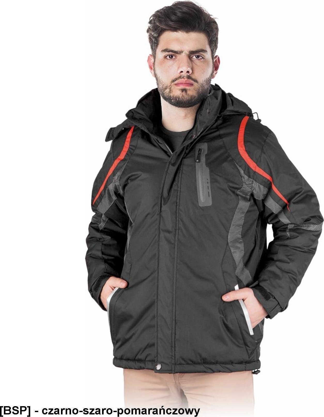 R.E.I.S. WOLFRAM - ocieplana kurtka o nowoczesnym fasonie, odblaski, odsuwany kaptur L