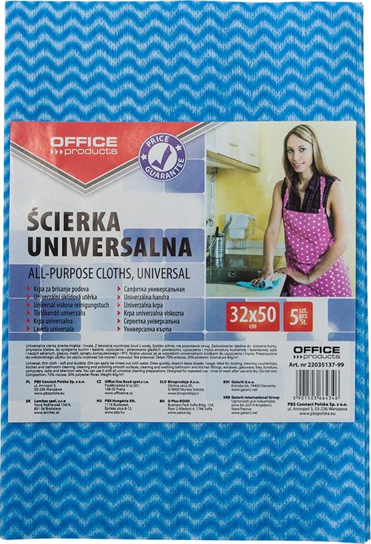 Office Products Ścierka uniwersalna OFFICE PRODUCTS, wiskoza 70%, gr. 40g/mkg, 32x50cm, 5szt., niebieska