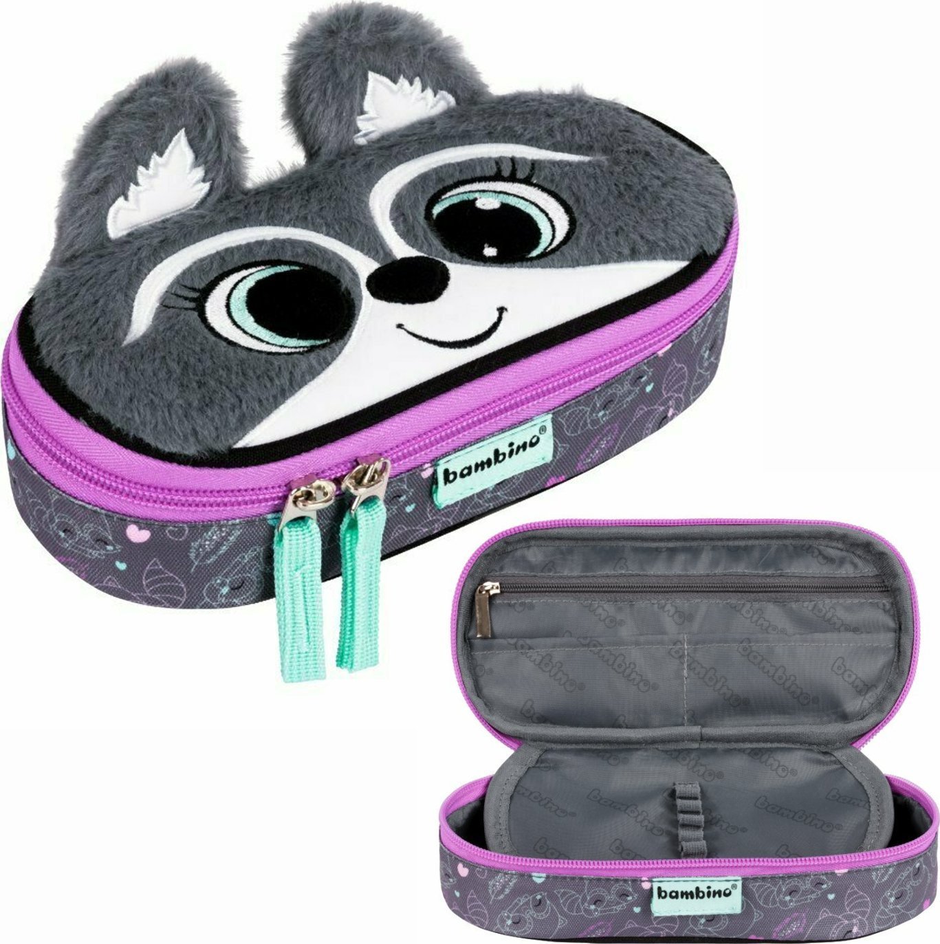 Piórnik Derform Piórnik saszetka usztywniona z wewnętrzną klapką Bambino PC-01 Racoon Szop pracz