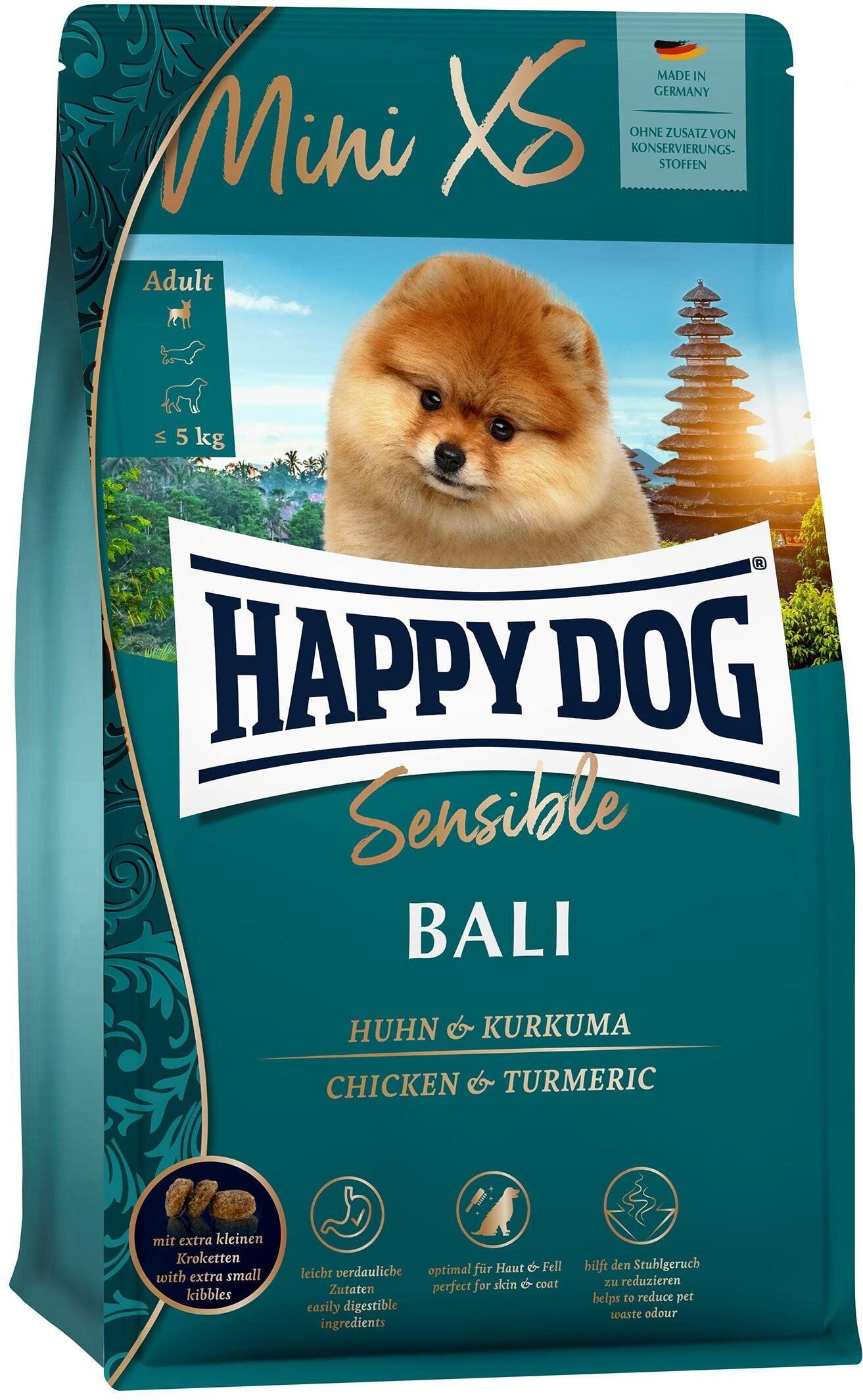 Happy Dog Mini XS Bali, sucha karma, dla dorosłych psów do 5 kg, kurczak i kurkuma, 1,3 kg