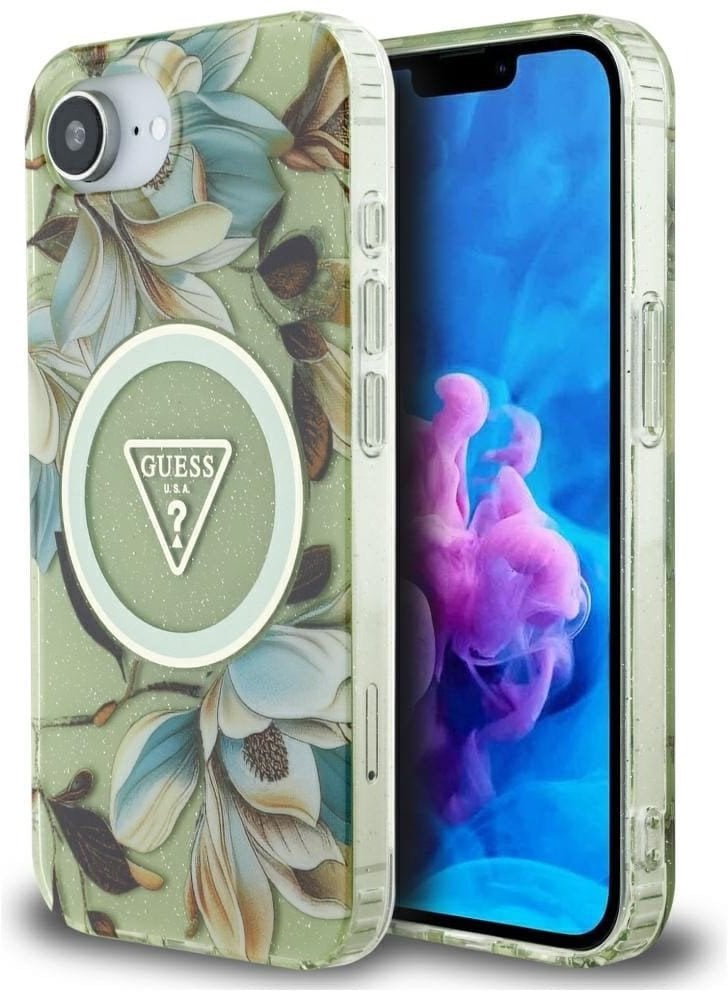 Case Guess IML Metal Glitter Flowers Triangle MagSafe for iPhone 16e green