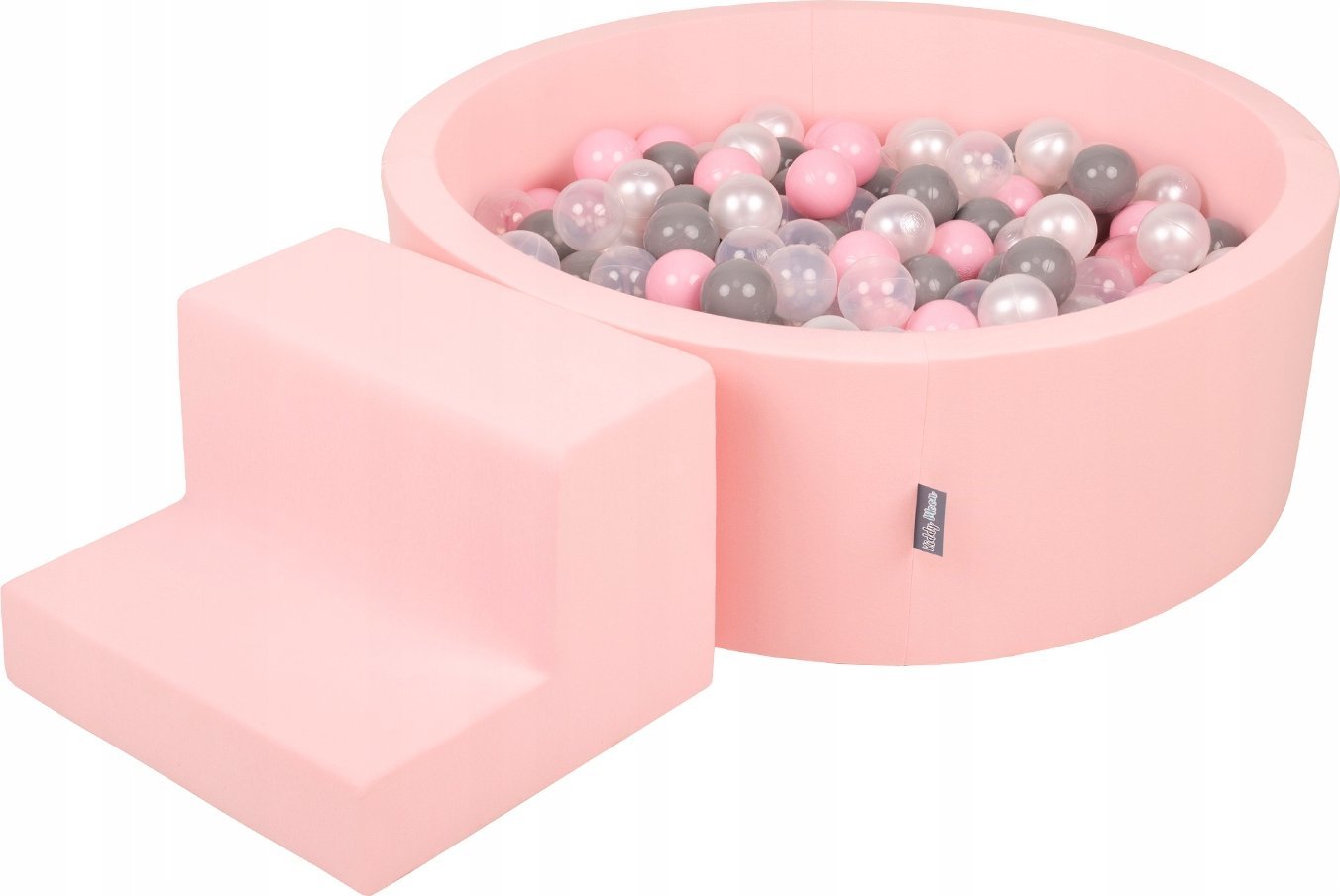 KiddyMoon Piankowy plac zabaw PPZP-OK30D-122 z piłeczkami różowy: perła-szary-transparent-pudrowy róż basen 200/schodek Zabawka plac zabaw