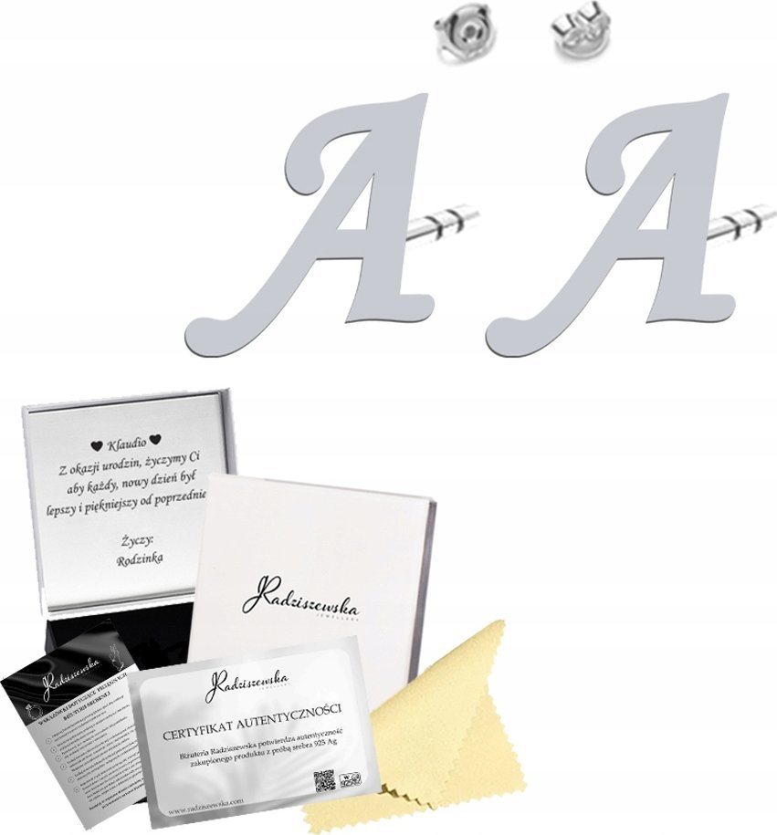 Radziszewska Jewellery Kolczyki SREBRNE z Literą LITERKI 925 Sztyfty Prezent ŻYCZENIA GRATIS