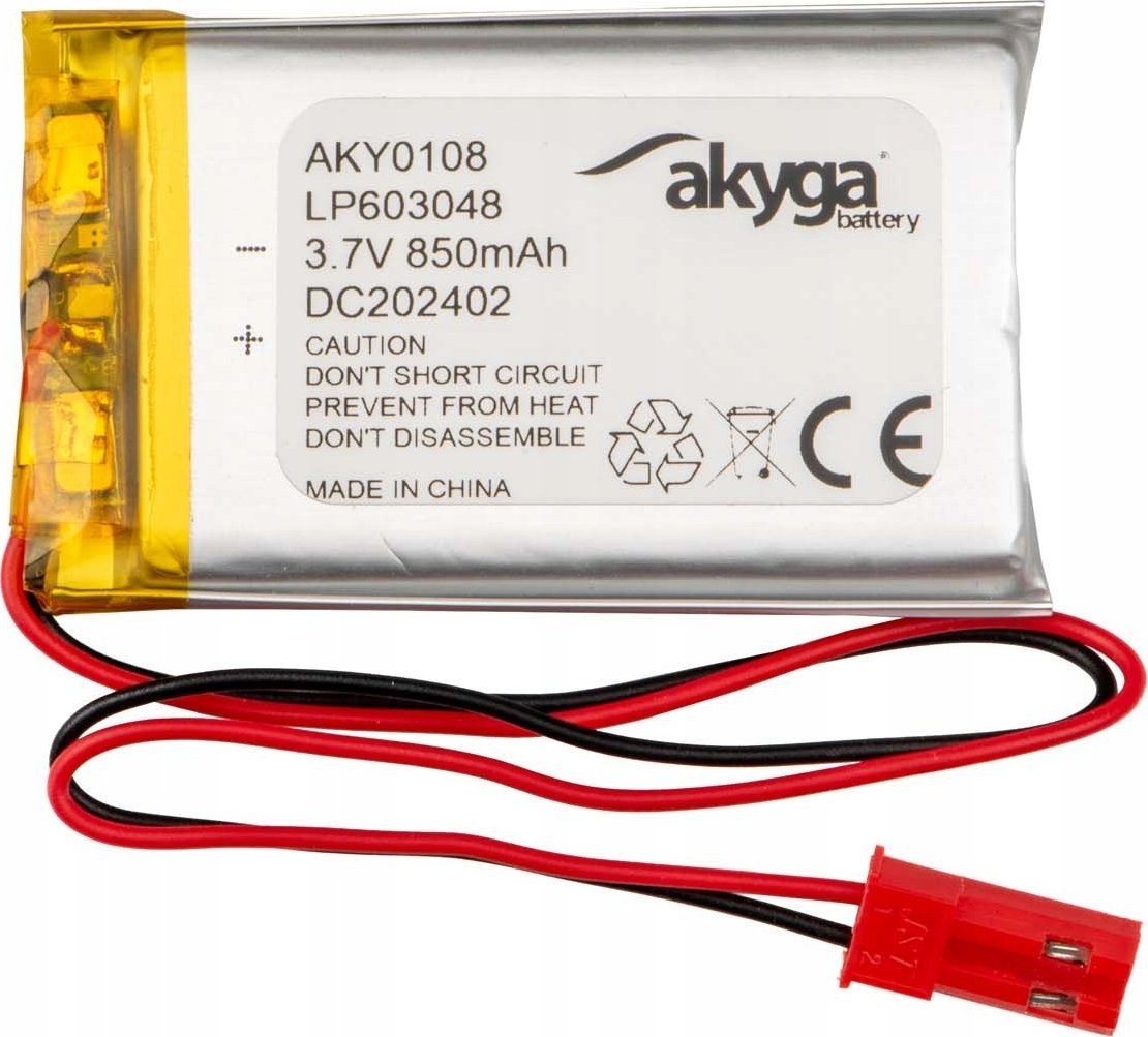 Akumulator Li-Po LP603048 Akyga AKY0108 3.7V / 850mAh PCM złącze JST 2-Pin 150mm