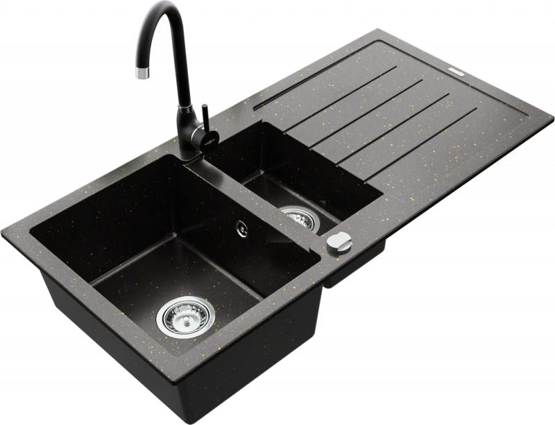 Zlewozmywak Mexen Mexen Andres zlewozmywak granitowy 1,5-komorowy z ociekaczem i baterią kuchenną Telma, czarny/złoty - 6515-75-670200-70