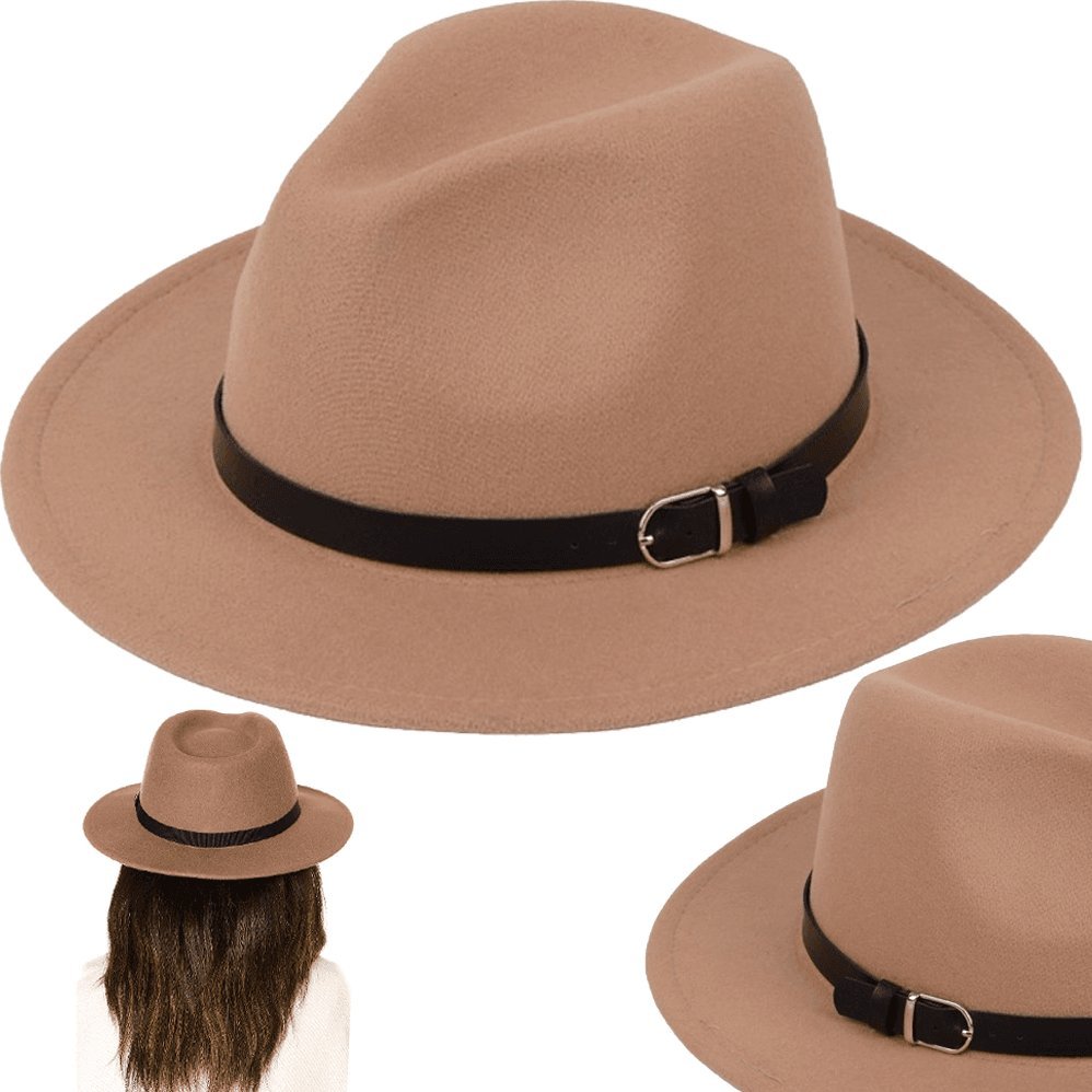 Korbi KAPELUSZ JESIEŃ ZIMA WODOODPORNY BEŻOWY Z KLAMRĄ