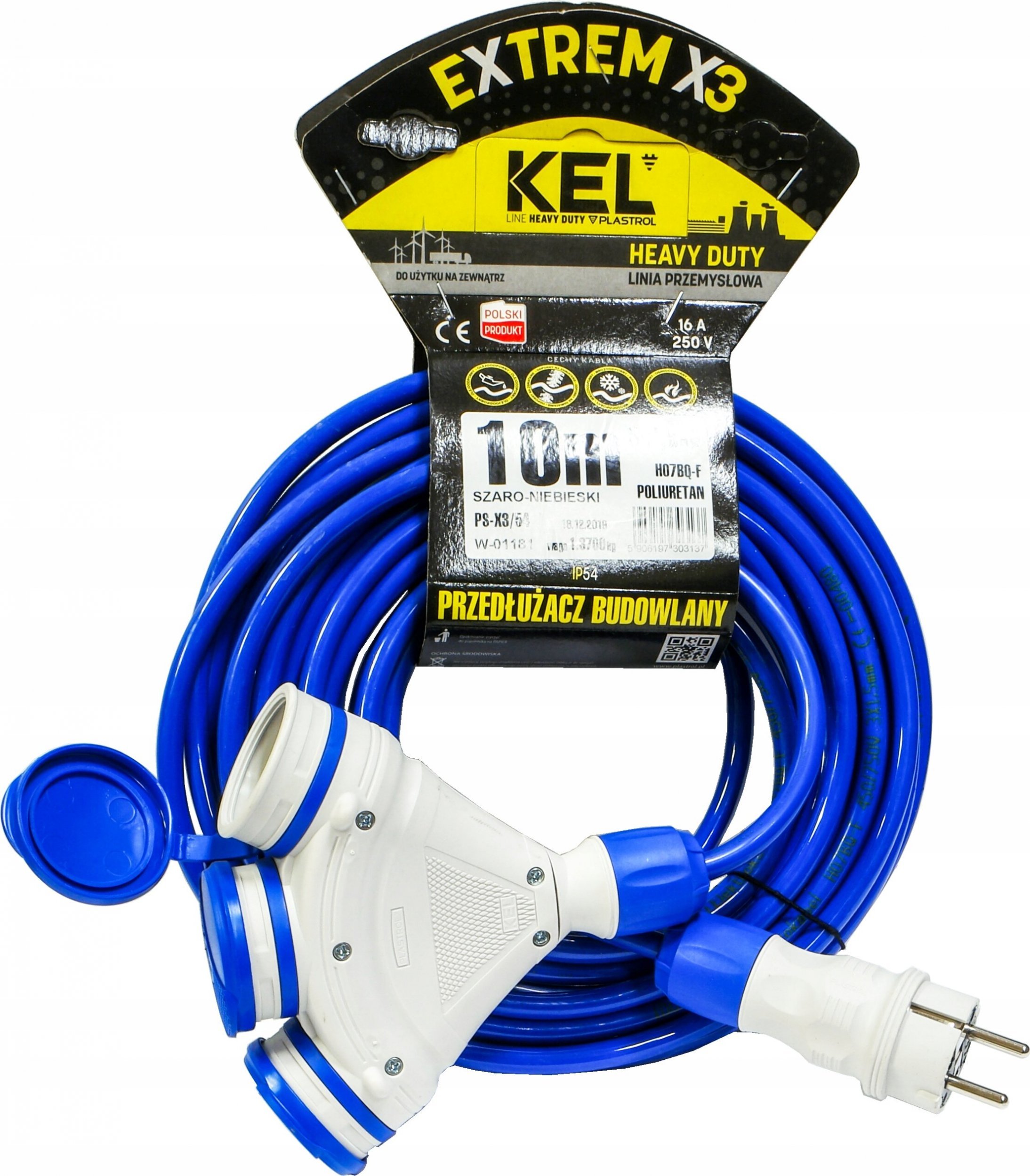 KEL Przedłużacz budowlany 3-gniazda z/u 10m /H07BQ-F 3x1,5/ IP54 szary/niebieski W-01181