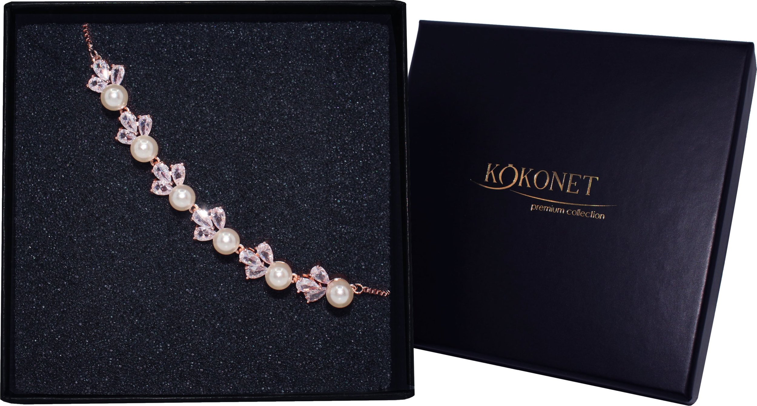 KOKONET Bransoletka delikatna z perłami różowe złoto regulacja Swarovski błysk glam