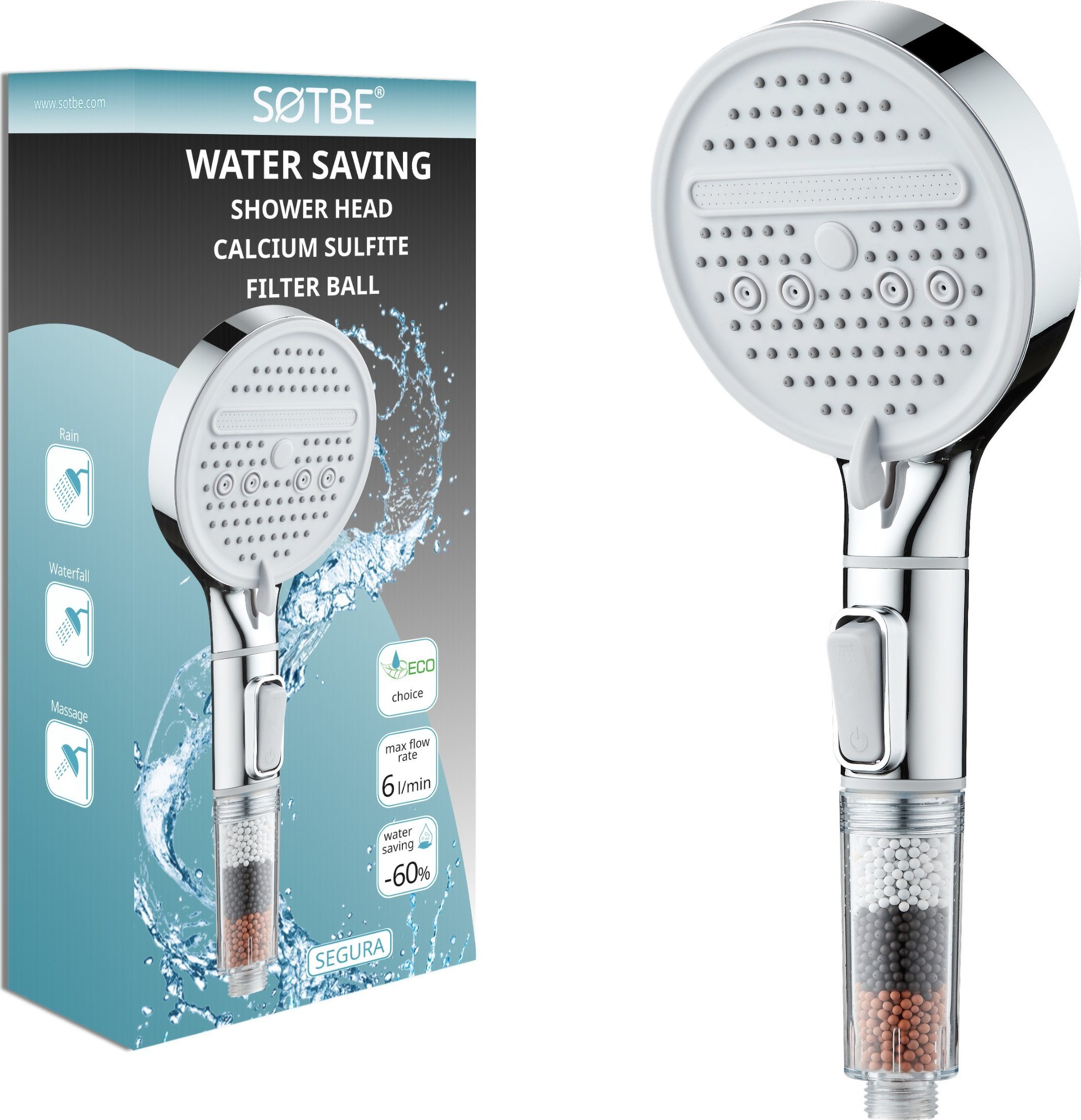 Słuchawka prysznicowa Sotbe Wodooszczędna słuchawka prysznicowa 3 zakresowa z filtrem. Kolor chrom