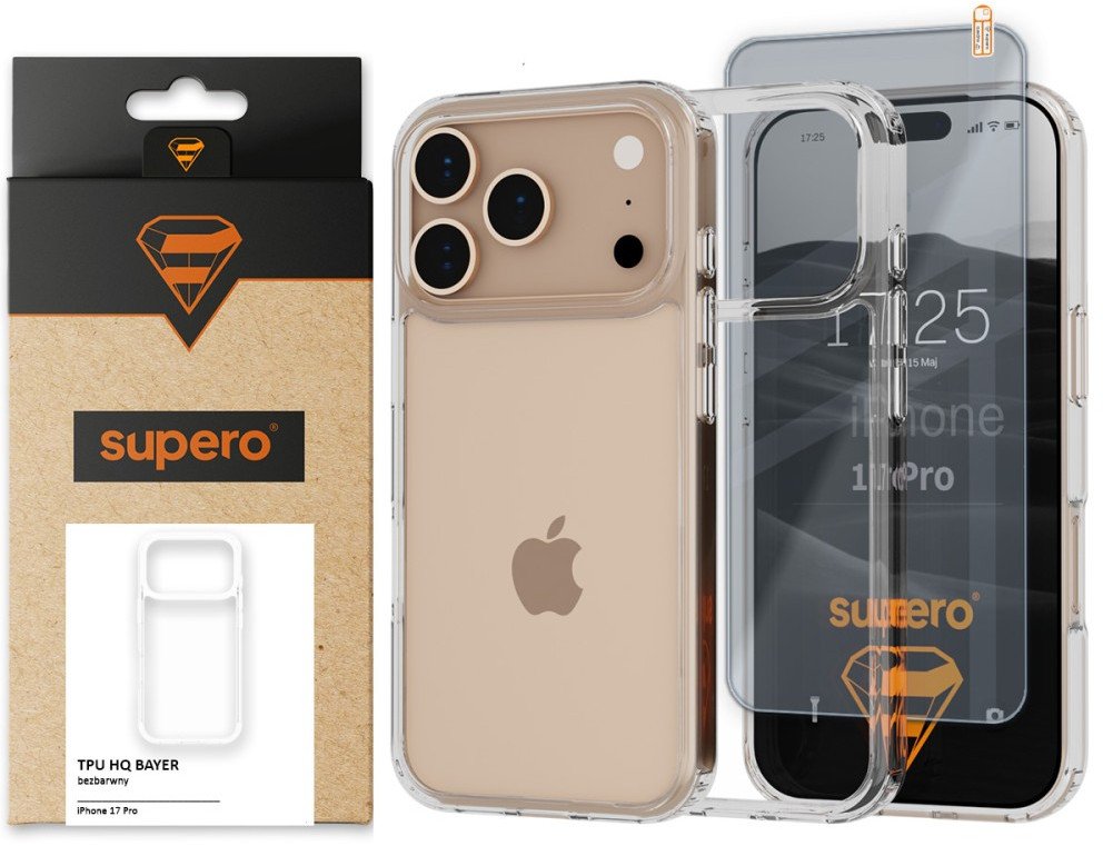 Etui Supero TPU HQ Bayer do iPhone 17 Pro, przezroczyste + szkło