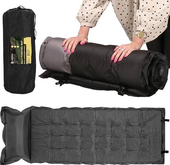 Springos Mata samopompująca 180 cm z poduszką mata turystyczna biwakowa z pokrowcem szaro-czarna UNIWERSALNY