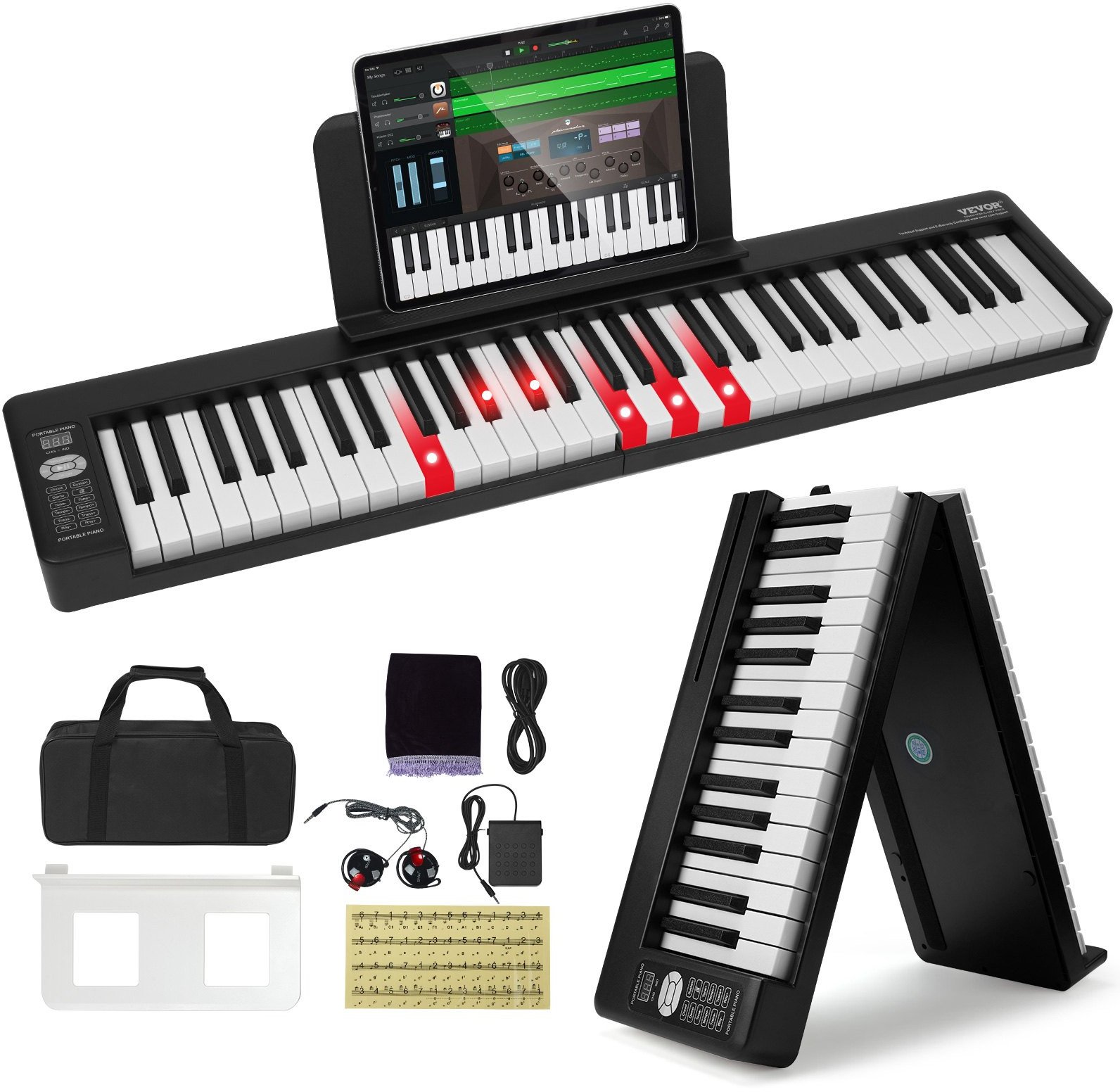 Keyboard Składany 61 Klawiszy MIDI z Bluetooth Podświetleniem Czarny