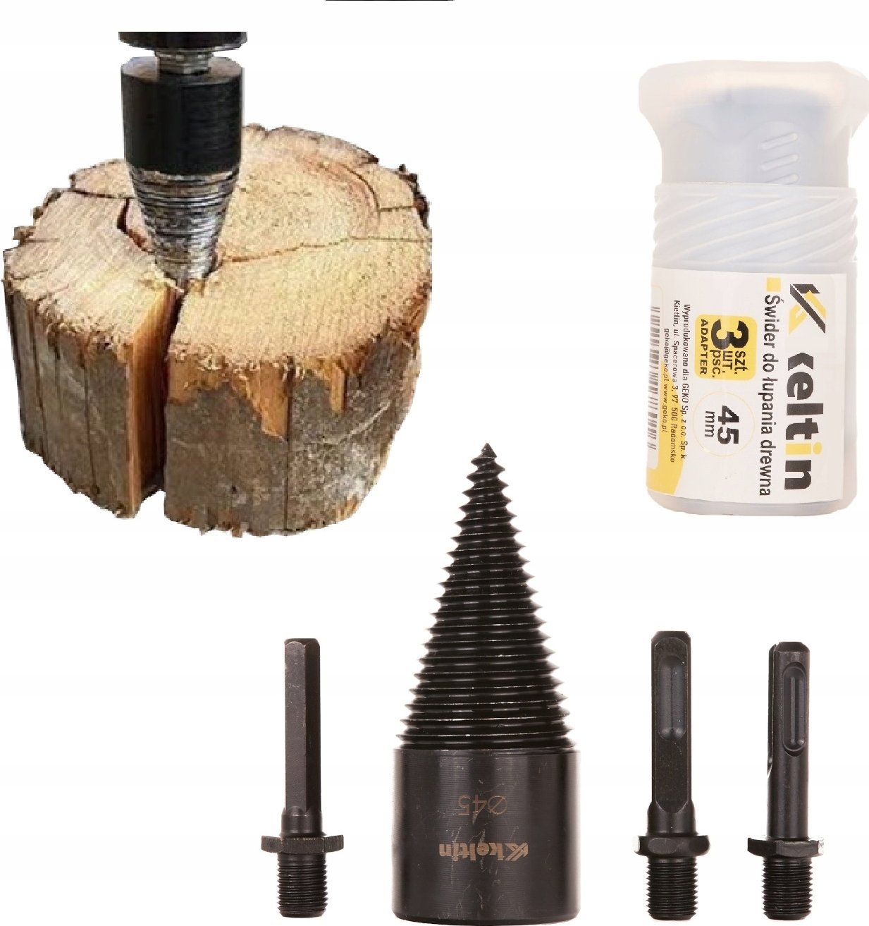 KELTIN Wiertło – świder do łupania drewna 45mm + zestaw adapterów 3szt. (20)