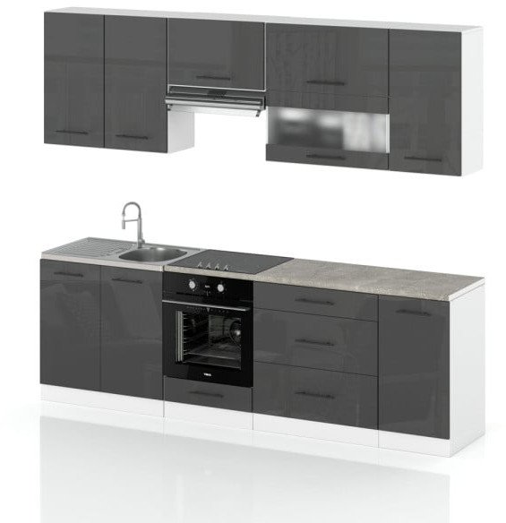 Meble Kuchenne Szary Połysk Marocco Młodzieżowe 2.6m Nowoczesne Modułowe