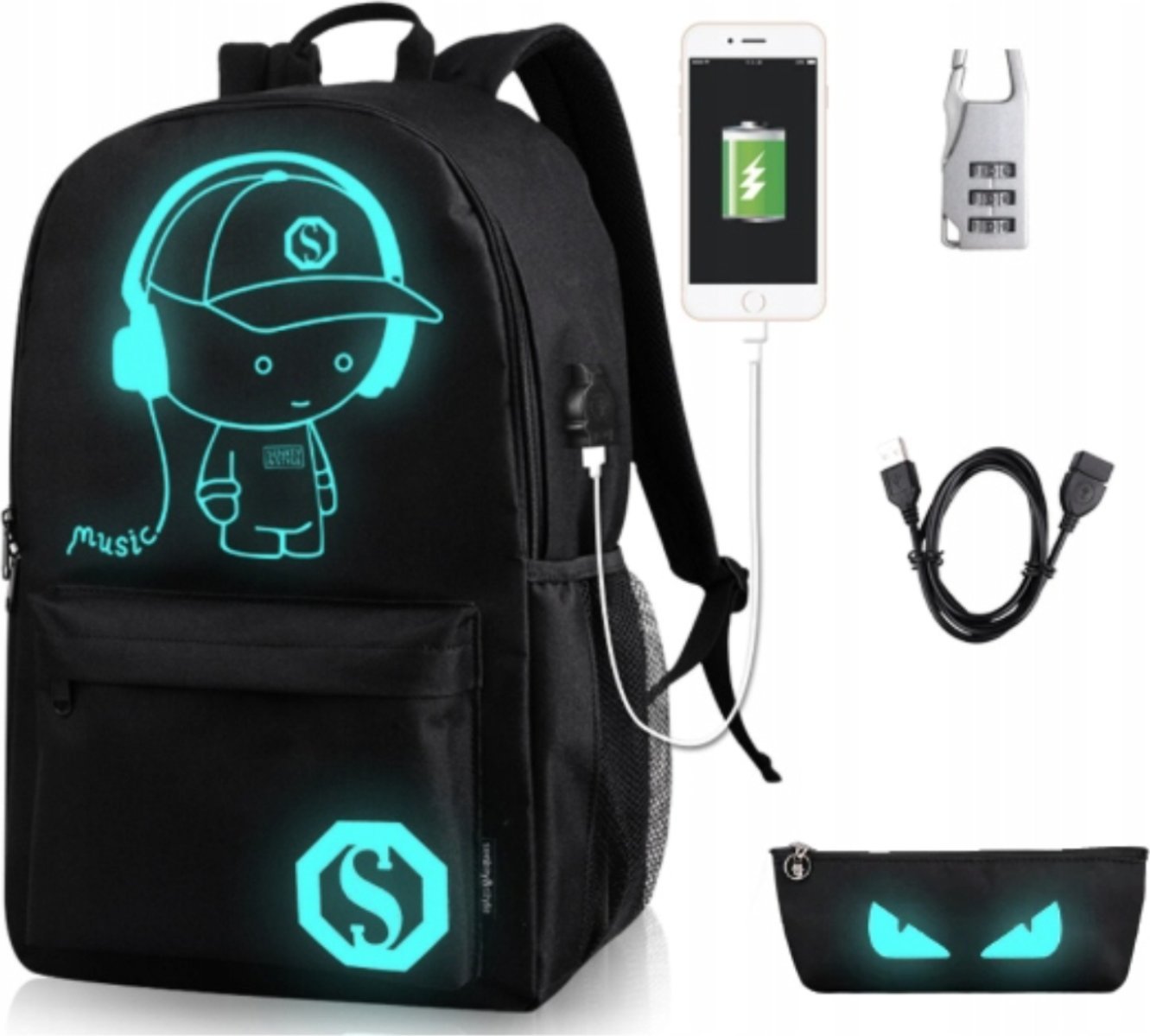 Plecak Szkolny z Piórnikiem i Kłódką Świecący w Ciemności