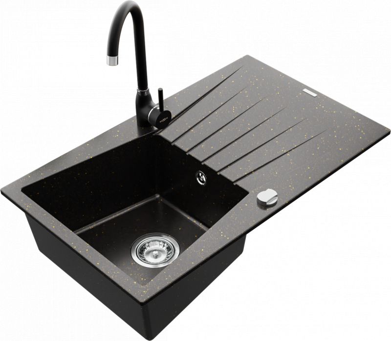 Zlewozmywak Mexen Mexen Cesar zlewozmywak granitowy 1-komorowy z ociekaczem i baterią kuchenną Telma, czarny/złoty - 6514-75-670200-70