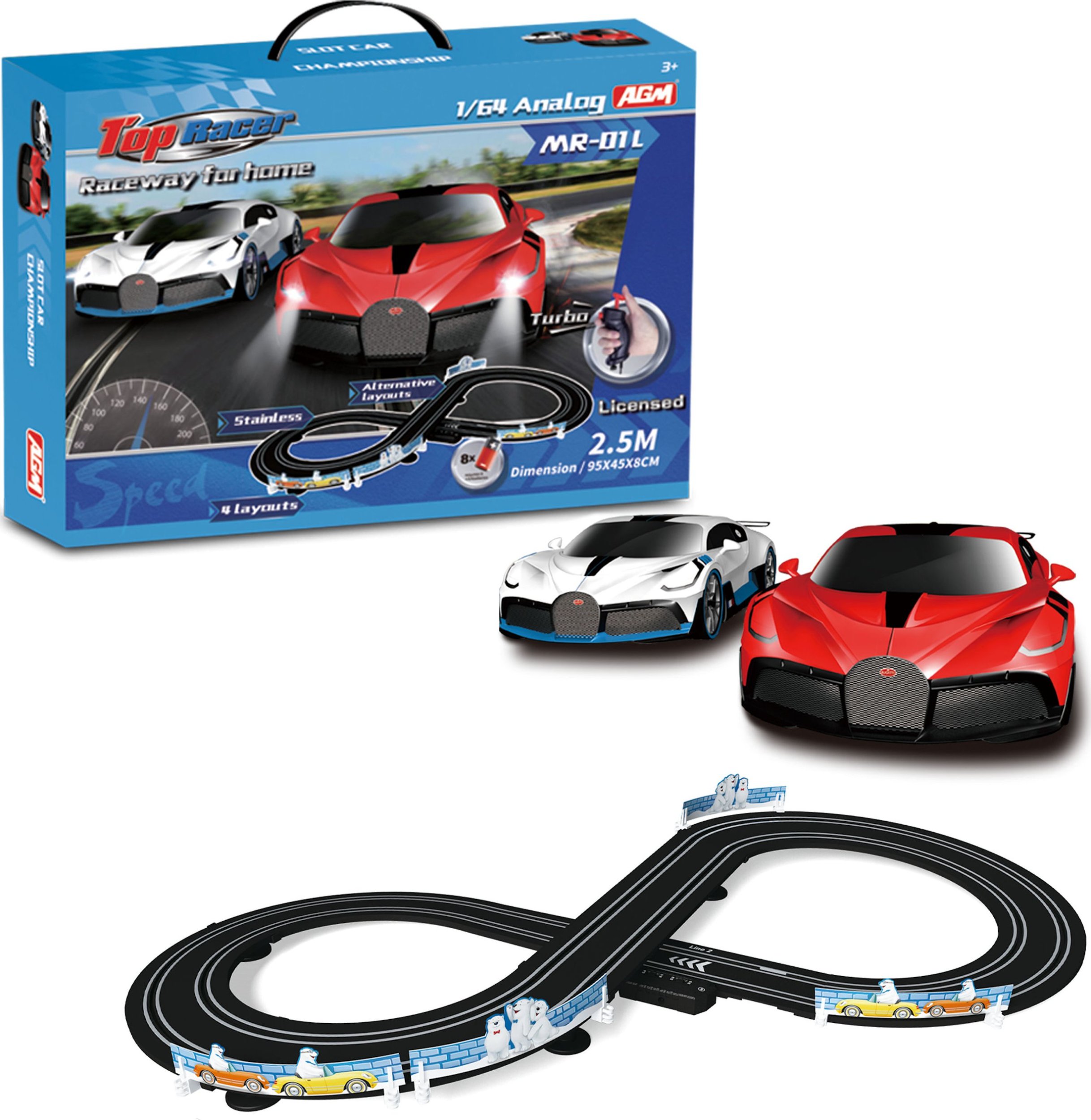 Coil Coil tor wyścigowy samochodowy zestaw autek tory wyścigowe licencja bugatti 2.5m skala 1:64