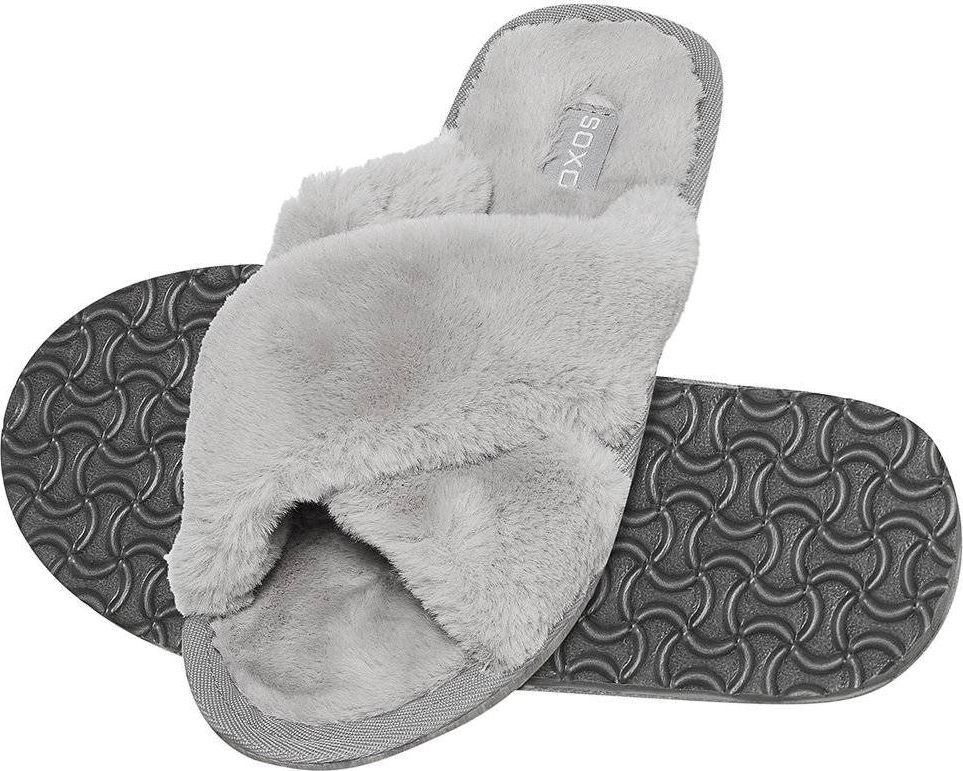 Soxo Kapcie damskie SOXO futrzane szare z twardą podeszwą TPR 3536
