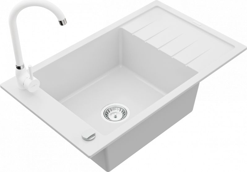 Zlewozmywak Mexen Elias granitowy 1-komorowy z ociekaczem i baterią kuchenną Telma, biały - 6511-20-670200-20