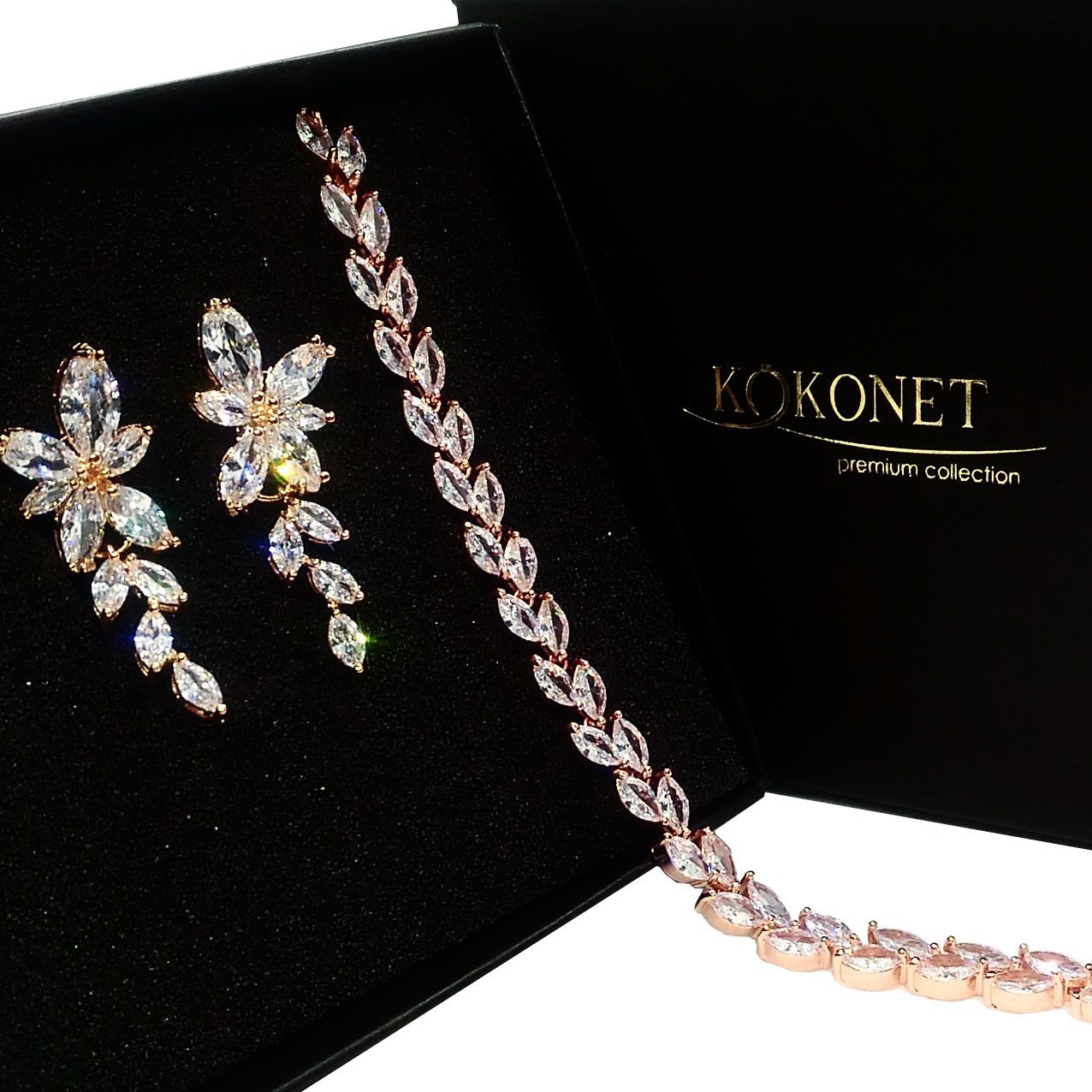 KOKONET Kwiatowe kolczyki bransoletka w kolorze rose gold ELEGANCKA biżuteria ślub