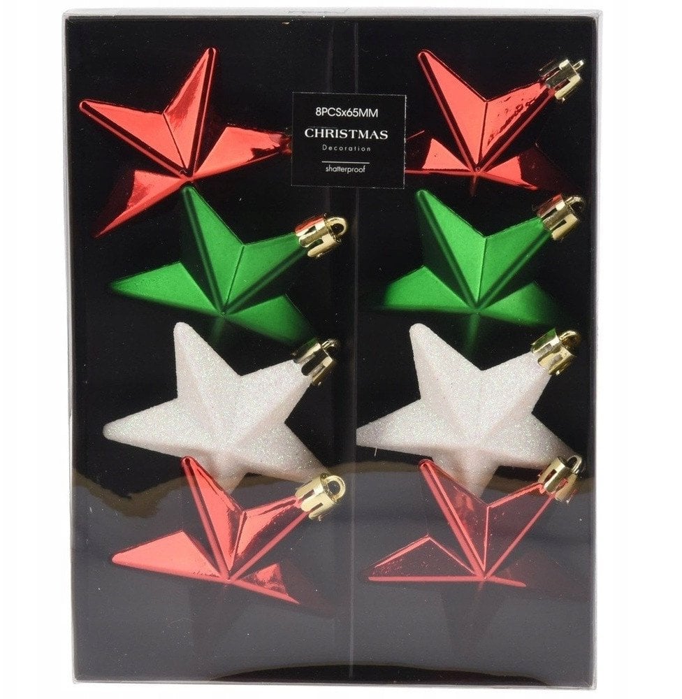 Bombki choinkowe nietłukące gwiazdki czerwone zielone białe 6,5 cm 8 szt.