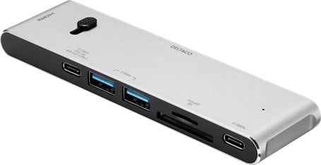Adapter USB Deltaco USB-C jungčių stotelė DELTACO USB-C į HDMI/DisplayPort/USB-A/USB-C/atminties kortelės skaitytuvas, 3840x2160, PD 100W, pilka / USB