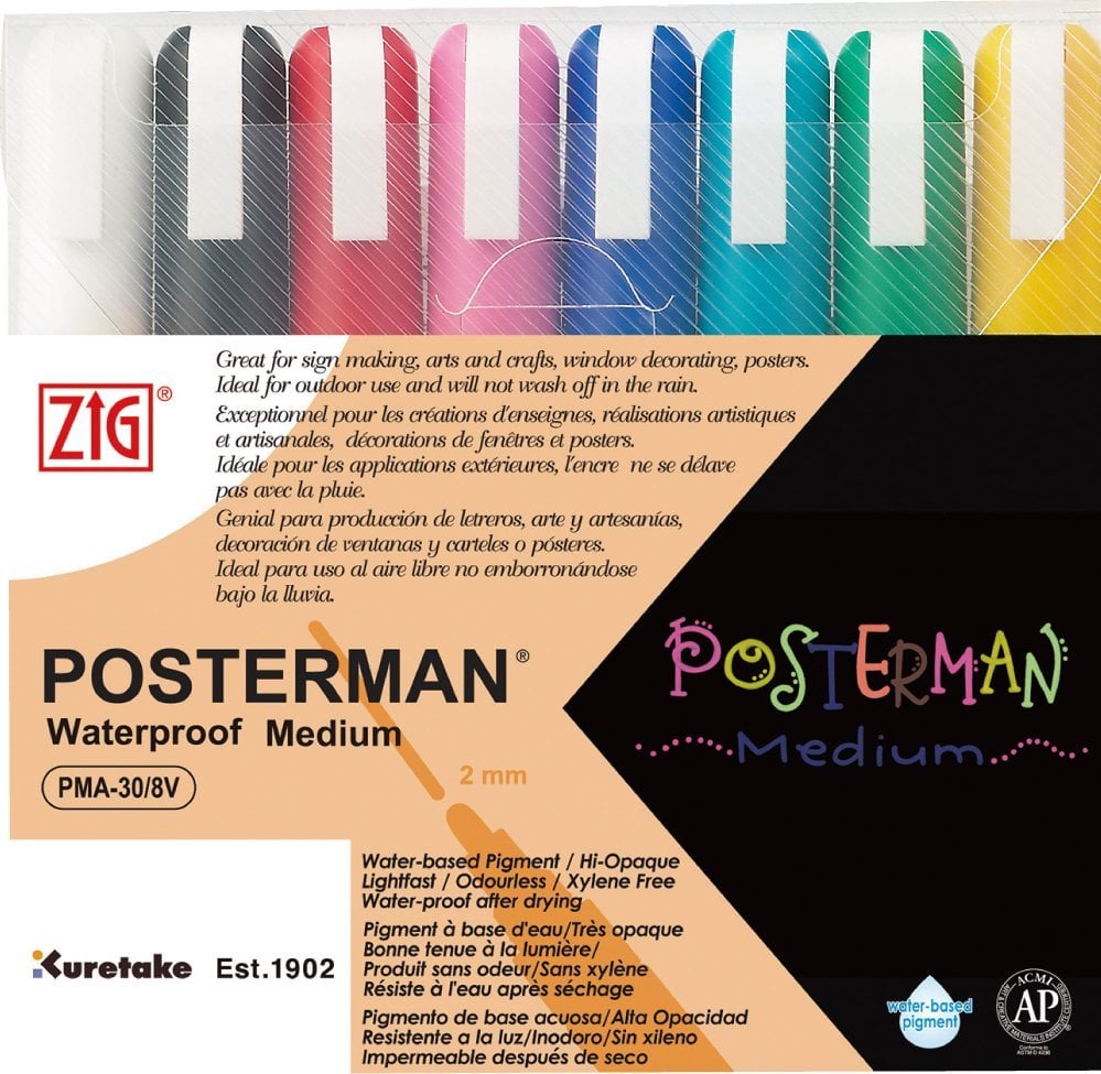 Artequipment ZIG POSTERMAN Medium, Black, Blue, Green, Light Blue, Pink, Red, White, Yellow, Odorless, 8 pc(s)