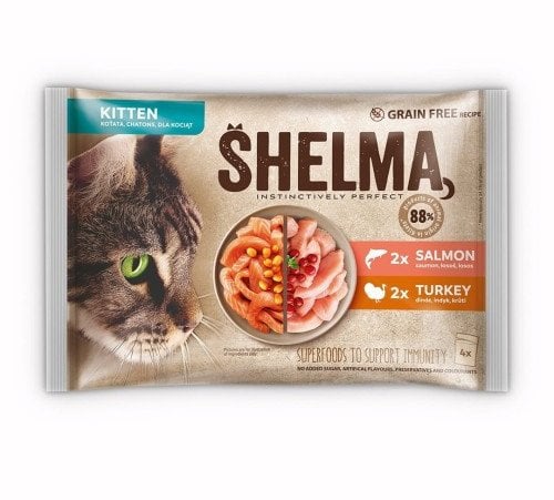 SHELMA saszetki dla kociąt. Z indykiem i łososiem 4x85g