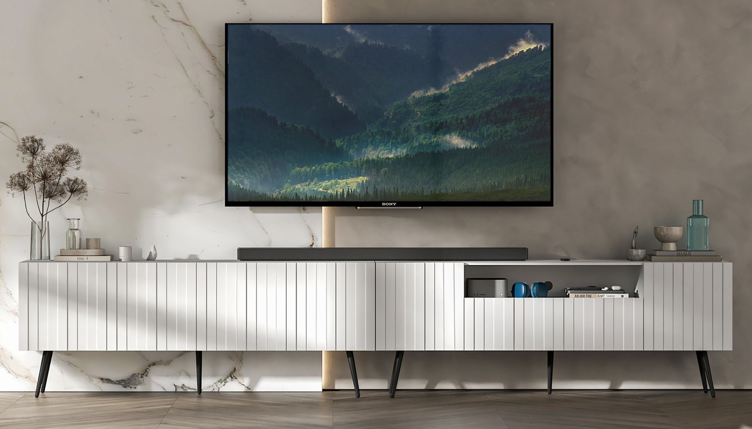 Meble Lindner Komoda RTV Glamour Nowoczesna Szafka RTV Biały Mat Ryflowane fronty Czarne Nogi Metalowe Loft 300 cm