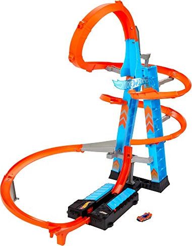 Mattel Hot Wheels GWT39 - Sky Crash Tower, 60 cm wysokości z akceleratorem na baterie i pomarańczowym torem z pętlą, prezent dla dzieci w wieku od 5 d