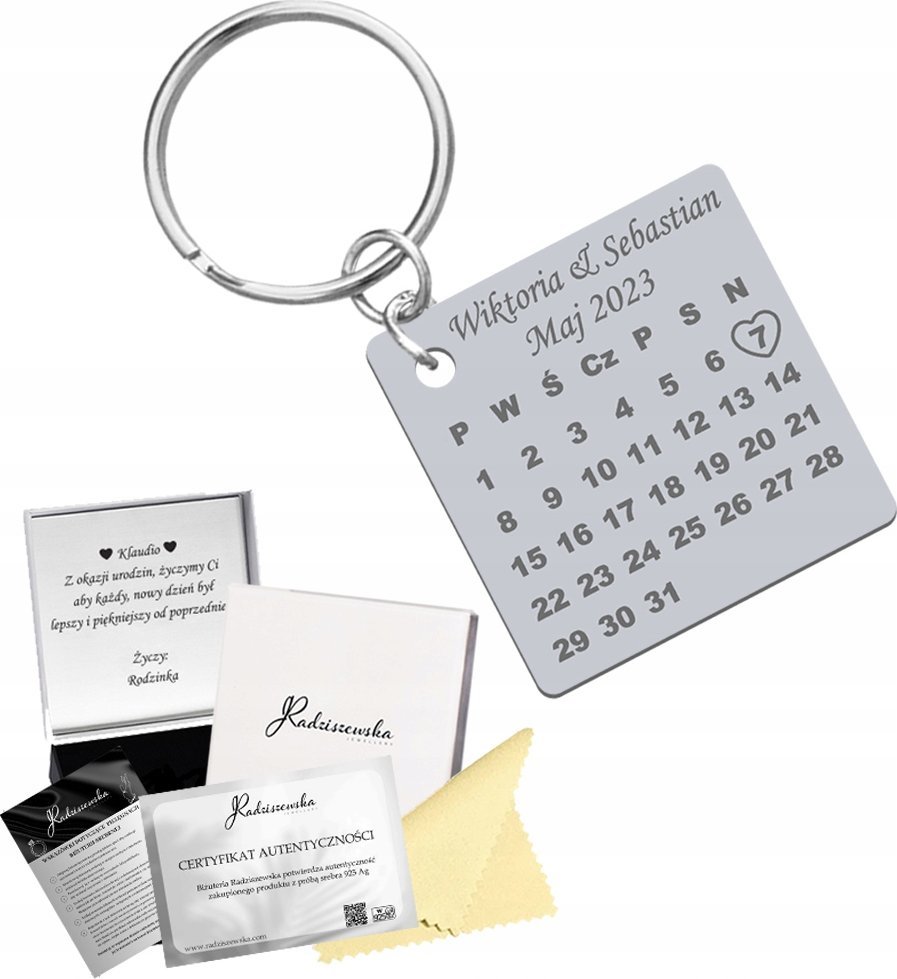 Radziszewska Jewellery Brelok do Kluczy Kalendarz z Datą Rocznica Prezent GRAWER ŻYCZENIA GRATIS