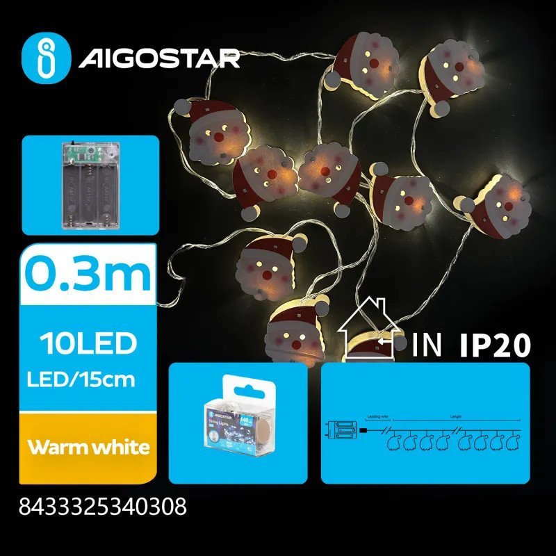 Lampki choinkowe Aigostar Lampki choinkowe 10 LED na 3 baterie AA - drewniana zawieszka Mikołaj ciepła Lampki choinkowe 10 LED na 3 baterie AA - drew