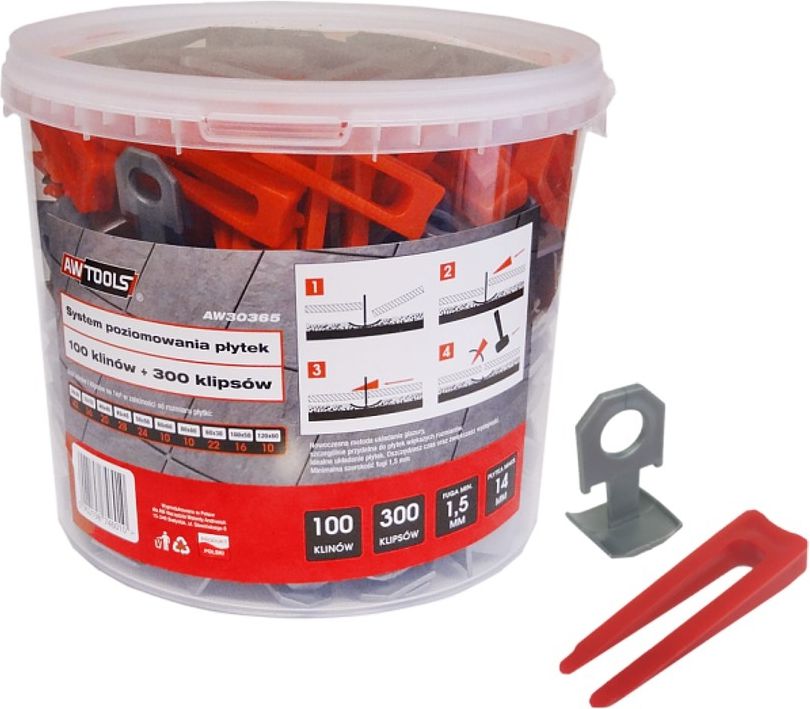 AWTools System do poziomowania płytek 7-14mm kliny 100szt.+ klips 300szt. (AW30365)