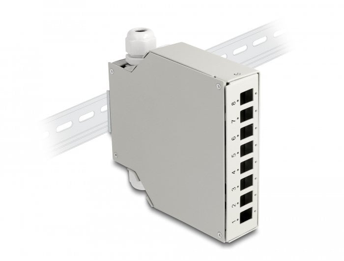 Delock Fiber Optic Distribution Box for DIN rail 8 port grey, Piggy-back connector, Straight, Female, Metal, 126 mm