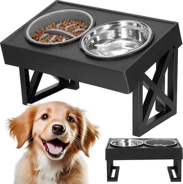 Springos Podwójna miska metalowa dla psa i kota na stojaku o 3 -stopniowej wysokości, spowalniająca jedzenie, czarna UNIWERSALNY