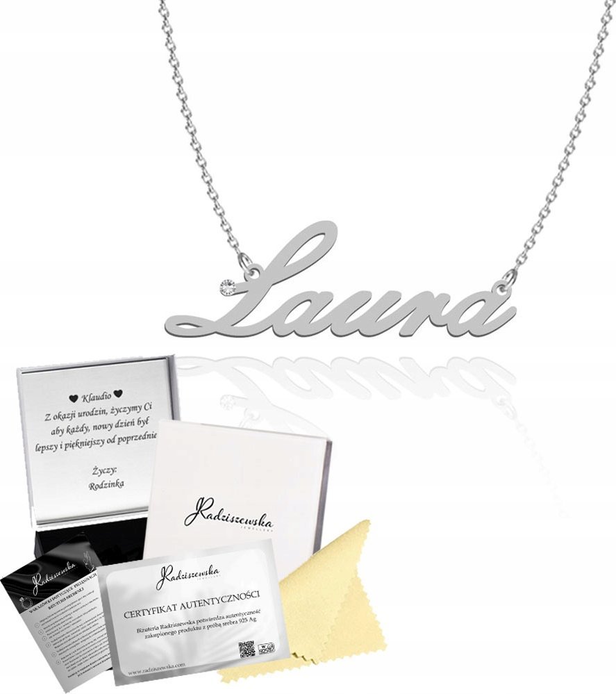 Radziszewska Jewellery Naszyjnik Srebrny z imieniem Laura Łańcuszek 925 Prezent DEDYKACJA GRATIS