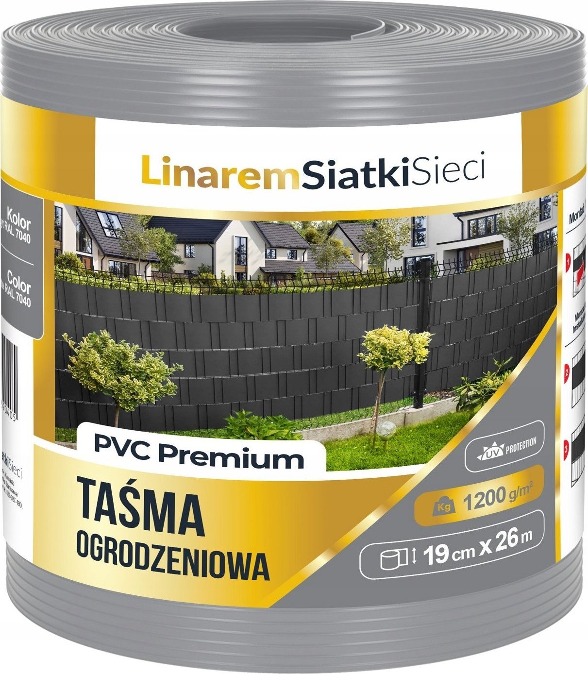 Linarem SiatkiSieci TAŚMA OGRODZENIOWA PREMIUM 1200g SZARA DO OGRODZENIA PANELOWEGO 19cmx26m