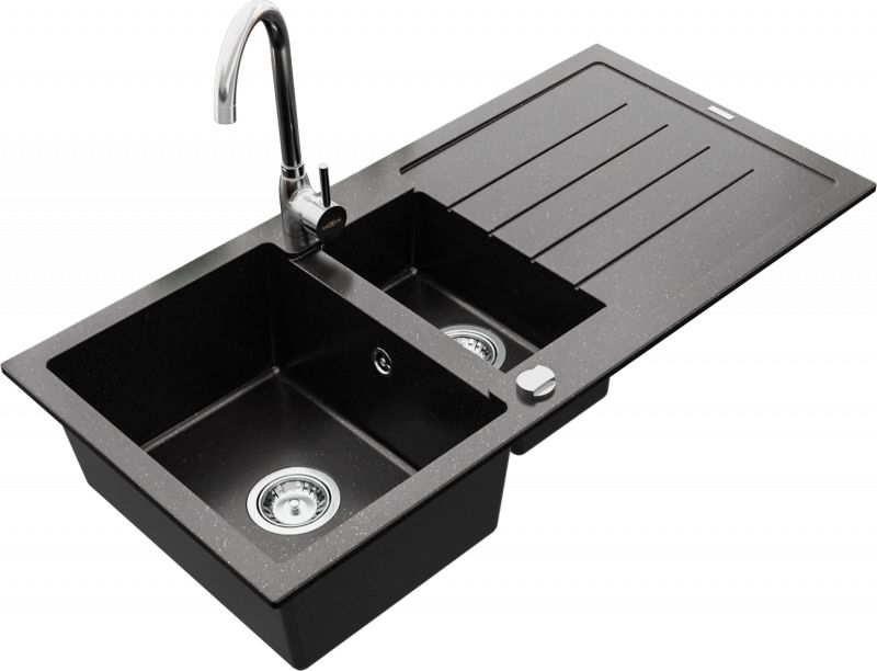 Zlewozmywak Mexen Andres granitowy 1,5-komorowy z ociekaczem i baterią kuchenną Telma, czarny/srebrny - 6515-73-670200-00